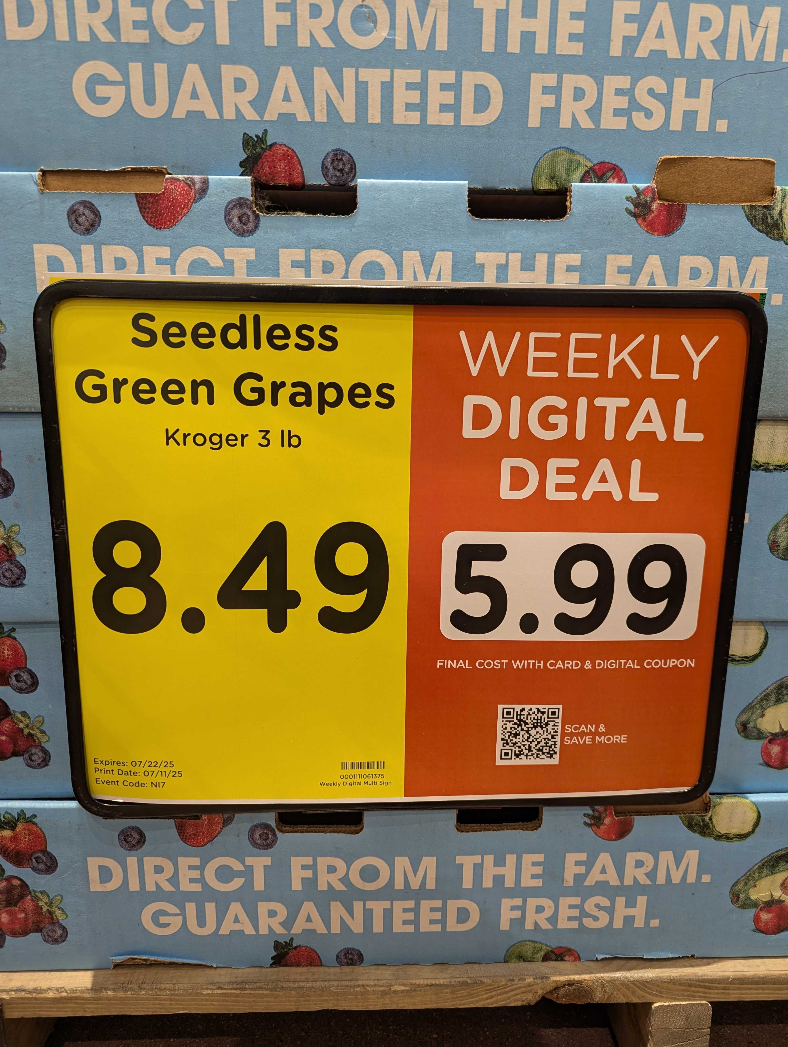 King Soopers store pricing display showing regular price of $2.99 and digital coupon price of $1.49 for yellow peaches
